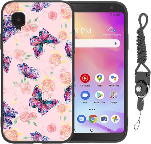Case for Alcatel TCL A3 with Lanyard Strap Flowers Butterfly Design Shockproof Protective Phone Case for Girls Women Slim Floral Cover for TCL A3 ...