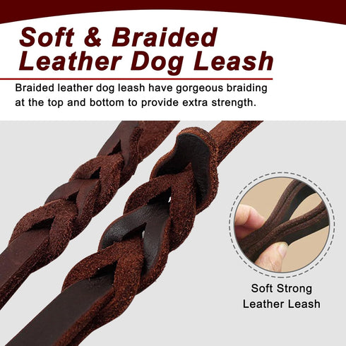 Leather Dog Leash, 5ft/6ft/8ft Braided Leather Leash for Dogs, Heavy Duty Dog Leashes with Rotating Clasp, Soft and Durable Leather Dog Training L...