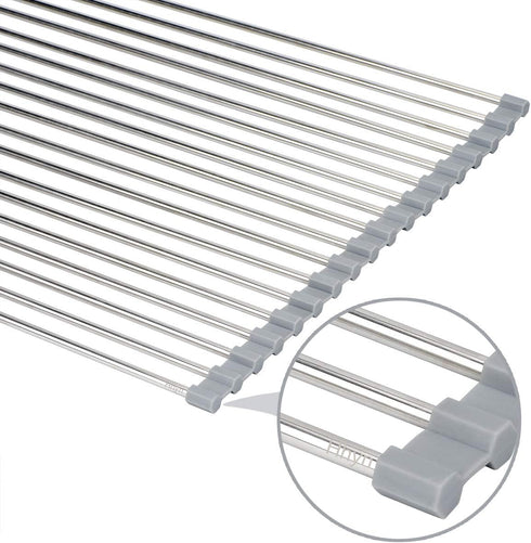 Roll Up Dish Drying Rack 20.5"(L) x 13.8"(W) - Stainless Steel and Silicone Dish Drying Mat Over The Sink Foldable Drain Rack Multipurpose Dish Dr...