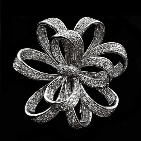 Vintage Silver Tone Micro Pave Crystal Floral Shaped Ribbon Brooch Wedding Pin Jewelry...