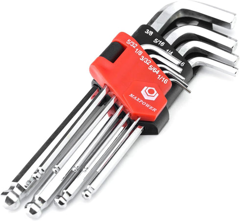 MAXPOWER 9PCS Long Arm Ball End Hex Key Wrench Set, Industrial Grade Allen Wrenches, CR-V Steel, Hinged Case, SAE Size 1/16 Inch - 3/8 Inch...