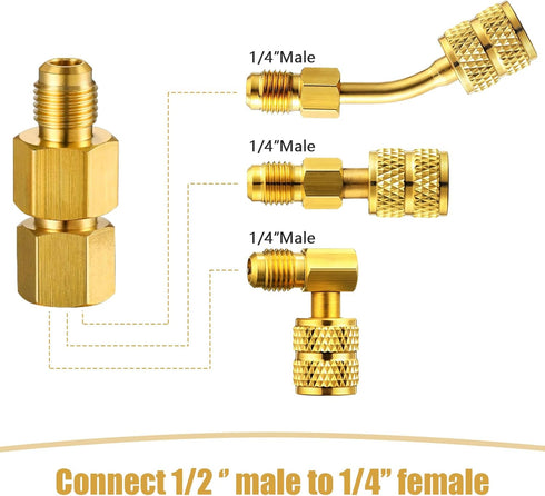 34 Pcs R410a Adapter Kit Mini Split Adapter 45° 90° Refrigerant Hose Adapter, 5/16'' Female 1/4'' Male, 1/2'' to 1/4'' Tank Adapter with Valve Cor...