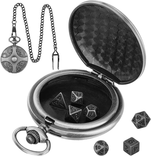 Mini DND Dice Set with Steampunk Gear Pocket Watch Shell Case, 7pcs Polyhedral Metal D&D Dice Set, DND Gifts with Gift Box, Role Playing Board Gam...