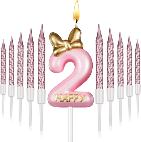 BBTO Number 2 Birthday Candle Pink Birthday Candle Girl with 10 Pieces Pink Candles Long Thin Cupcake Candles in Holders for Cake Topper Birthday ...