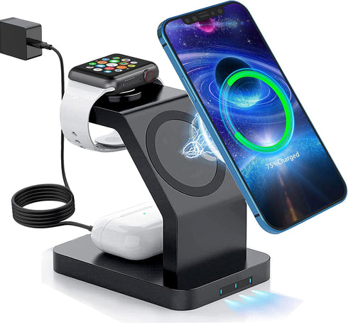 Magnetic Wireless Charger, 3 in 1 Wireless Charging Station Compatible with iPhone 15/14/13/12 Series, Watch Charger Stand for iWatch Ultra 2/9/8/...