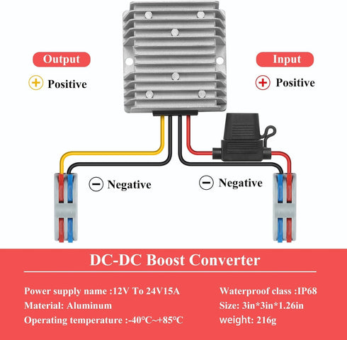DC/DC 10-22V to 24V Voltage Converter with Fuse 24V15A 360W MAX Power Transformer Waterproof Boost Module for Automotive, LED Lights, Construction...