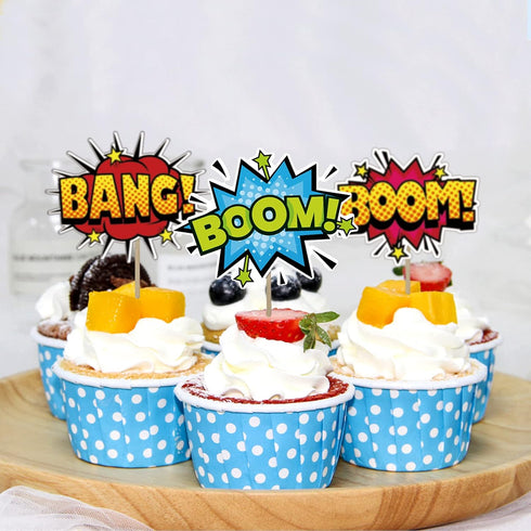 SuperHero Boom Cupcake Toppers 48 Pack Happy Birthday Cake Decor for kids Hero Theme Birthday Party Supplies Celebrating Party Events Baby Shower...