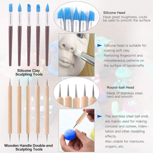 Glarks 28Pcs Carving Modeling Clay Sculpting Tools Set Including Plastic Modeling Tools, Dual-End Dotting Clay Tools, Ball Stylus, Silicone Tip Pe...