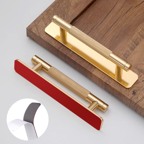 2 Pack 5 Inch 128 mm Self-adhesive Gold Barrel Knurled Cabinet Handles with Base Plate Aluminum Cabinet Pulls for Drawer Sliding Door Charcuterie ...