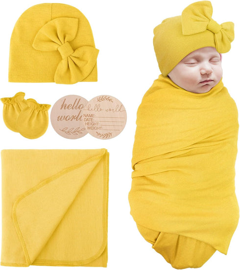Baby Girl Newborn Receiving Blanket with Matching Bow Hat and Mittens Set Baby Swaddle Blanket Shower Swaddle Gift...