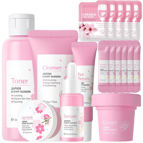 Sakura Face Care Set for Women, 17Pcs Moisturizing Skin Care Set Include Sakura Cream, Cleanser, Serum, Toner, Eye Cream, Lip Mask, Mud Mask, Slee...