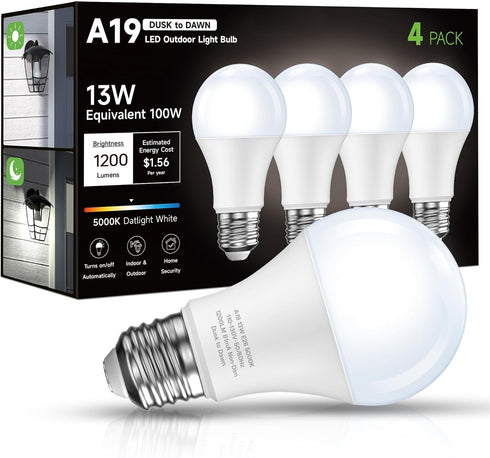 Dusk to Dawn Sensor LED Outdoor Light Bulb, Daylight White 5000K, A19 13W(100 Watt Equivalent) Bright Porch Lighting, 1200LM, Auto-On/Off Photocel...