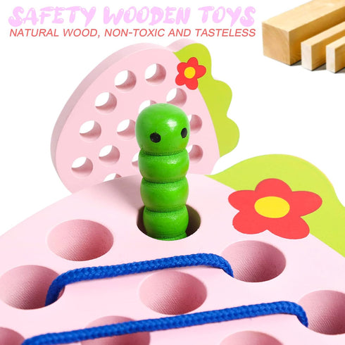 Wooden Lacing Toys for Toddlers, Baby Toys Strawberry Threading Toys Learning Fine Motor Skills,Montessori Sensory Educational Toys Wooden Block P...