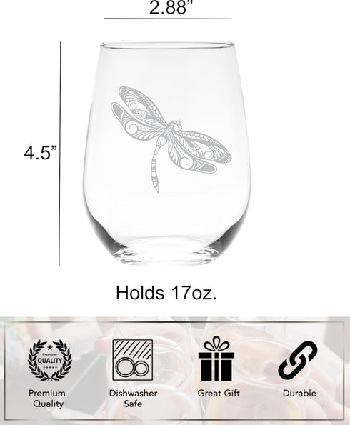 Dragonfly Stemless Wine Glass, 17 oz - Dragonfly Themed Gift for Men and Women...