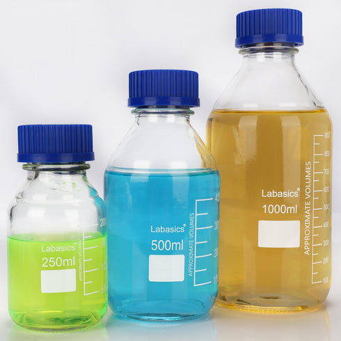 Round Media Storage Bottles with GL45 Blue Screw Cap, Borosilicate Glass Clear Wide Mouth Graduated Round Reagent Media Storage Lab Glass Bottle, ...