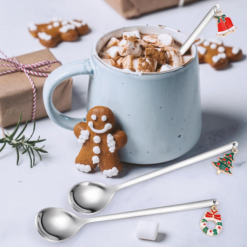 Dessert Spoons Silverware Christmas Silver Small Stainless Steel Flatware 6 Pieces Xmas Decorative Pendants Stirring Utensils for Coffee Tea Drink...