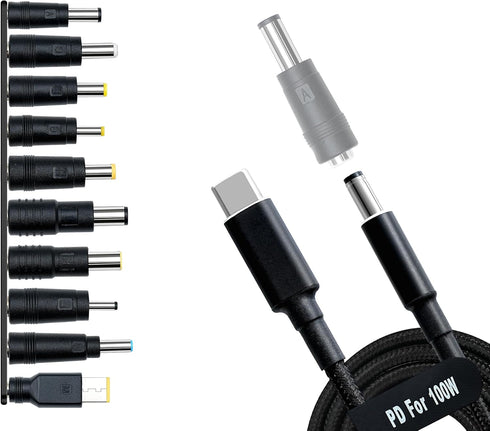 USB C to DC Adapters 10PCS Power Plug Kit, Universal Charger Supply 100W PD Power Cable & 5.5x2.1mm Round Barrel Jack for Sony Toshiba Samsung Ace...