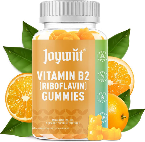 Vitamin B2 Gummies Riboflavin 500mg for Adults, Migraine Relief & Nervous System Support, Orange Flavor, Non GMO, Vegan, Pectin - 60 Counts...
