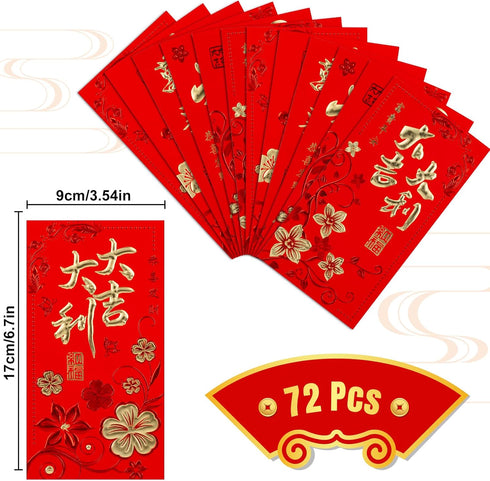 Whaline 72Pcs Chinese New Year Red Envelopes Large Red Packet 2024 Year of the Dragon Hong Bao Plum Blossom Pattern Spring Chinese Lucky Money Poc...