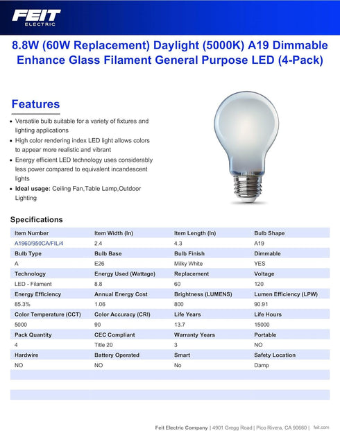 Feit Electric A19 LED Light Bulb, 60W Equivalent, Dimmable, 800 Lumens, E26 Med Base, 5000K Daylight, 90 CRI, 8.8W Standard Glass Filament Lightin...