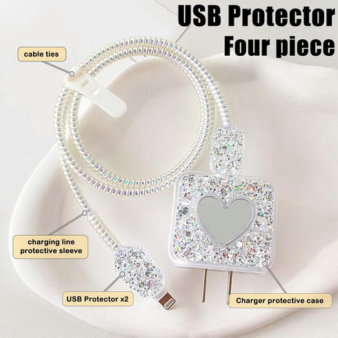Glitter DIY Cable Protector Compatible for Apple iPhone Power Adapter with Mirror,Cute Bling Love Heart Design,Data Line USB Case Wire Cable Saver...