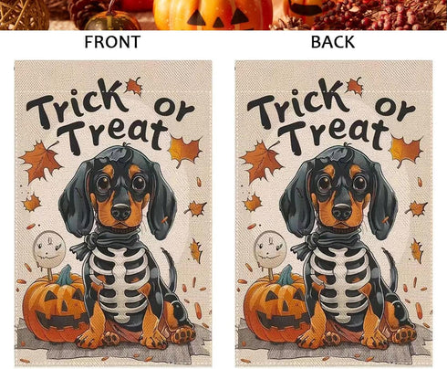 Halloween Garden Flags for Outside 12x18 Inch Double Sided Burlap, Trick or Treat Dachshund Garden Flag Halloween Dog Skeleton Decorations for Hom...