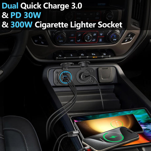 Cigarette Lighter Socket 12 Volt Plug,Qidoe Dual Quick Charger3.0 and PD 20W Waterproof 12 Volt USB Outlet with 150W 12V Cigarette Socket Panel fi...