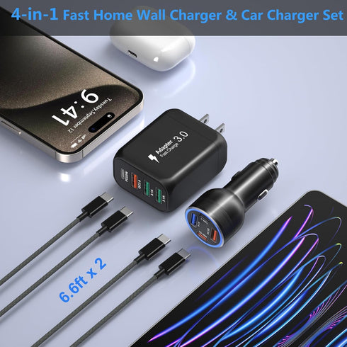 65W USB C Car Charger, Bangfun 4-Port Dual USB C & USB A Car Power Cigarette Lighter Adapter QC+PD 30W Super Fast Car Charger Block for iPhone 15 ...