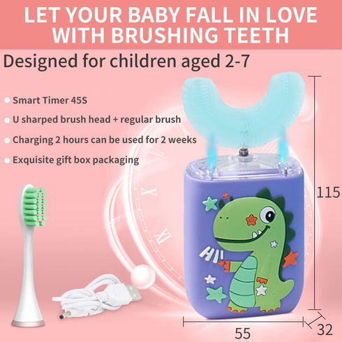 RZM Kids Automatic Sonic Toothbrush- 2 Ergonomic U-Shaped Toothbrush and 1 Regular Brush Head, Six Modes for 360° Sensitive Oral Tooth Cleaning (P...