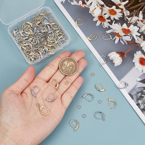 1 Box 80Pcs Gold Leverback Earring Hooks Stainless Steel Earring Findings Bulk Silver with 100Pcs Jump Rings French Real 24K Gold Plated Huggie Ea...