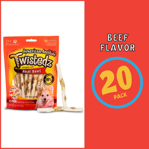 Pet Factory Twistedz American Beefhide 5" Twist Sticks Dog Chew Treats w/ Real Beef Meat Wrap - 20 Count/1 Pack...