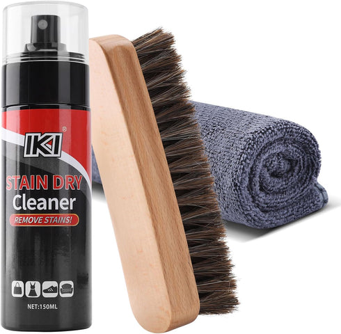 IKI Stubborn Stain Dry Cleaning Agent Set - Includes Large Horsehair Brush & 2 High-Fiber Towels - Effective on Clothes, Shoes, Fabrics, Blankets,...
