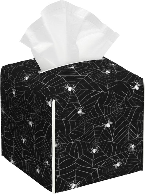 Leather Tissue Box Holder Spider Web Tissue Box Cover Square Waterproof Tissue Holder Organizer Modern Napkin Holder for Bedroom Dresser Night Sta...