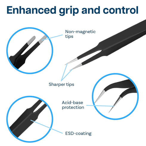 MMOBIEL 3x Industrial Precision ESD Tweezers Anti-Static Stainless Steel for Electronics Tools, Jewelry, Computer, Laboratory Work, Crafts and Hob...