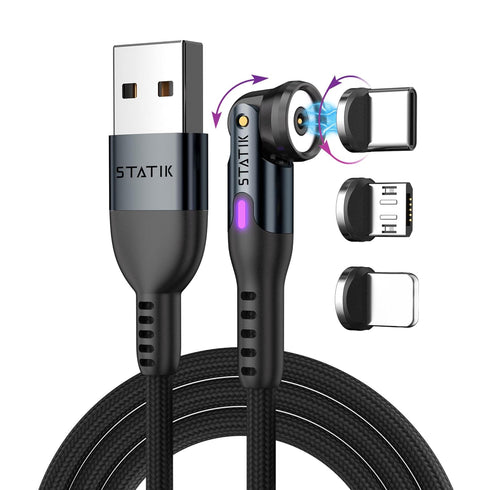 Statik 360 Rotating Magnetic Charging Cable - Magnetic USB C Charging Cable, 3 Magnet Tips for Magnetic Charger Cable, iProduct, Micro-USB, USB-A ...