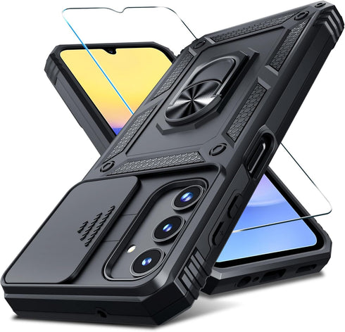 Janmitta for Samsung Galaxy A15 5G Case Built in Slide Camera Lens Cover+Screen Protector+Finger Ring Holder Kickstand,Heavy Duty Shockproof Full ...
