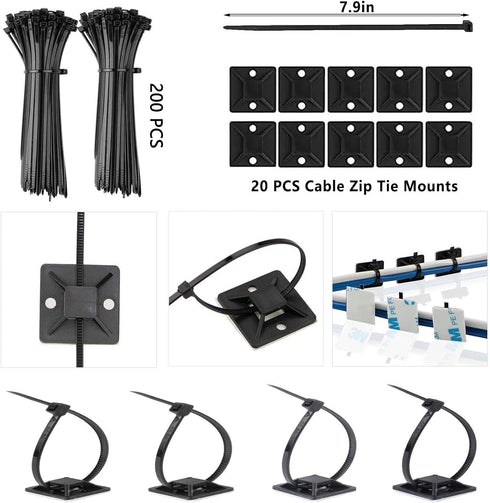 ELII 302PCS Cable Management Kit 4 Cable Sleeve,45Cable Clips,11Cable Holders,20+2Roll Cable Organizer Straps and 200 Fastening Cable Ties,20 Cabl...