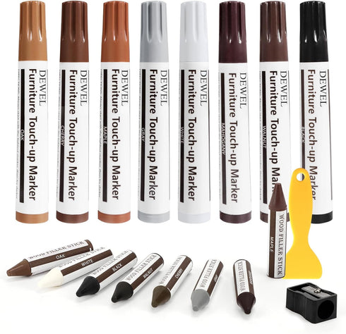 DEWEL Furniture Markers Touch Up, 17 Pcs Wood Scratch Repair Kit, Upgrade Wood Furniture Repair Markers and Wax Sticks for Stains, Scratches, Wood...