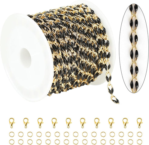 KYUNHOO 13 Feet/4M Gold Plated Brass Jewelry Making Chain Spool Black Oil Drip Enamel Chain Necklace Large Lip Chain with Lobster Clasps Jump Ring...