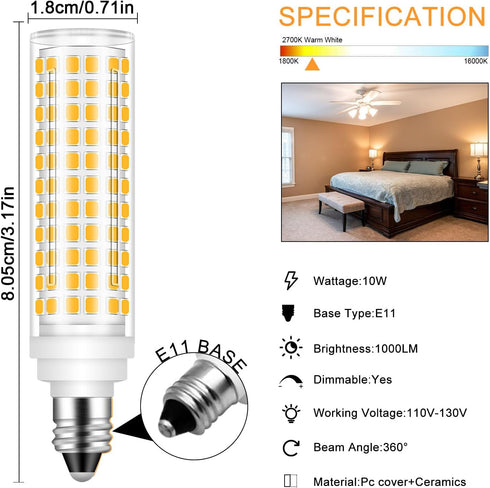 JDE11 LED Bulb 100W Halogen Bulbs Equivalent,T4 Mini Candelabra E11 LED Bulb Dimmable,Warm White 3000K,10W 1000LM JDE11 120V 100W LED for Ceiling ...
