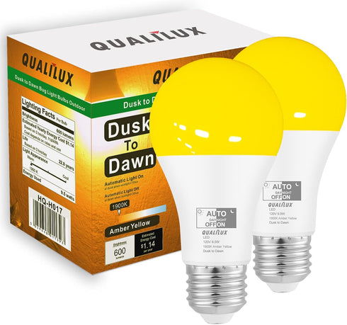 Dusk to Dawn Bug Light Bulbs Outdoor, 1900K Amber Yellow, 600 Lumen, LED 9.5W, A19 E26, 2-Pack, HQ-H017...