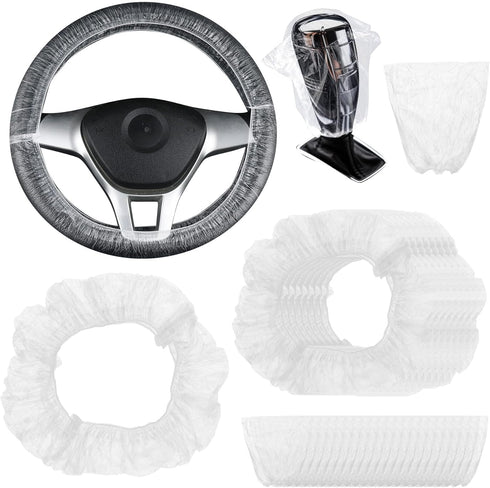Framendino, 100 Pack Disposable Steering Wheel Covers and 100 Pack Disposable Gearbox Covers with Elastic Decorative Strips Used for Car Protectio...