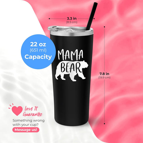 Mama Bear Vacuum Insulated Stainless Steel Tumbler with Lid and Straw - Mama Birthday Cup - Mother's Day or New Mom Gift - Travel Mug...