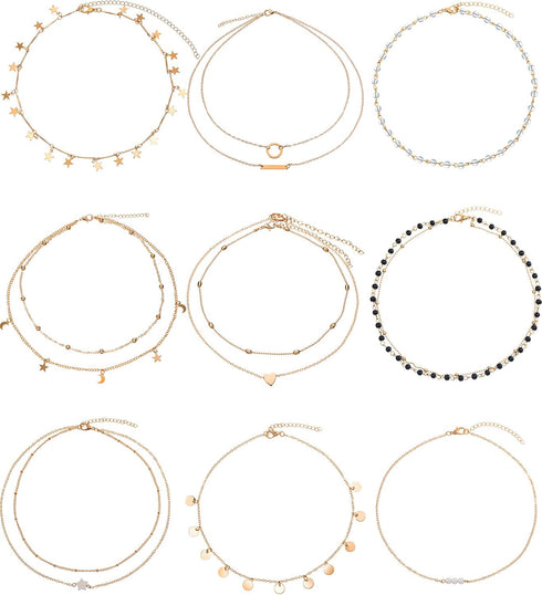 BBTO 9 Pieces Gold Layering Chain Choker Necklace Layered Pendant Statement Necklace for Women Girls (Style A)...