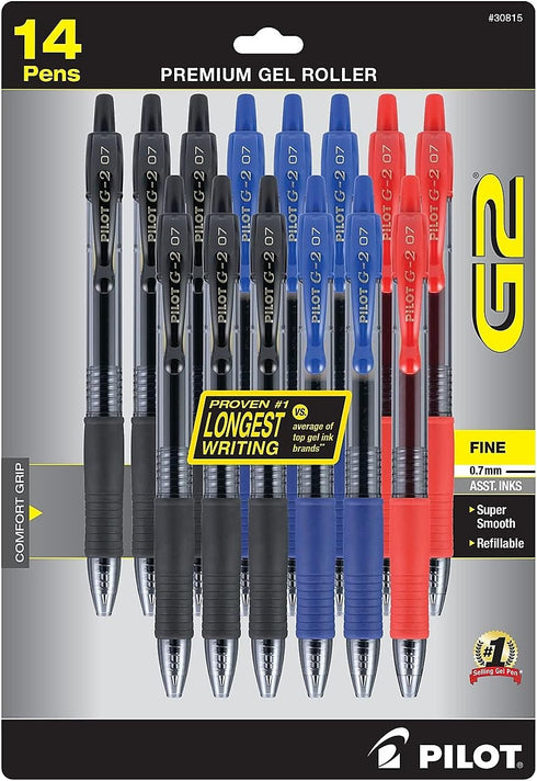 Pilot, G2 Premium Gel Roller Pens, Fine Point 0.7 mm, Blue, Black, Red, Pack of 14...