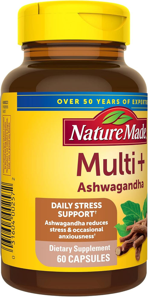 Nature Made Multi + Ashwagandha, Multivitamin for Daily Stress Relief Support, One Per Day Multivitamin, 60 Capsules...