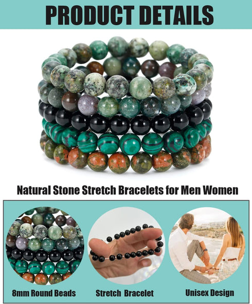 BOMAIL 5PCS Semi-Precious Gemstone Bracelet - Healing Crystal Stone Beaded Bracelets for Women Men 8mm Round Beaded Stretch Bracelets Unisex Yoga ...