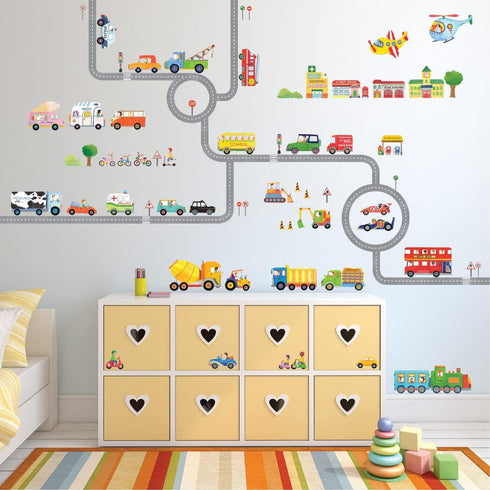 DECOWALL SG3-1404P1405 The Road and Cars Kids Wall Stickers Wall Decals Peel and Stick Removable Wall Stickers for Kids Nursery Bedroom Living Roo...