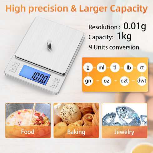 BOMATA 0.01g/1kg Upgraded Small Digital Scale, USB Rechargeable, with Larger Display and Hold,Tare Function, 9 Units, High Precision Digital Scale...