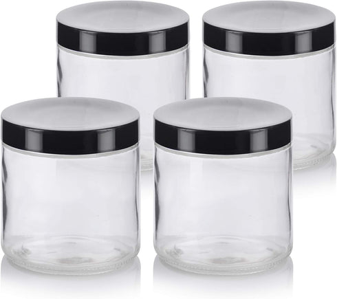16 oz Large Clear Thick Glass Jar with Black Foam Lined Lid (4 pack)...